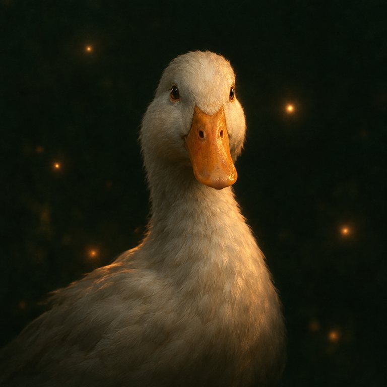 Eine weiße Pekingente mit orangefarbenem Schnabel sieht in die Kamera, um sie schweben kleine warme Lichter