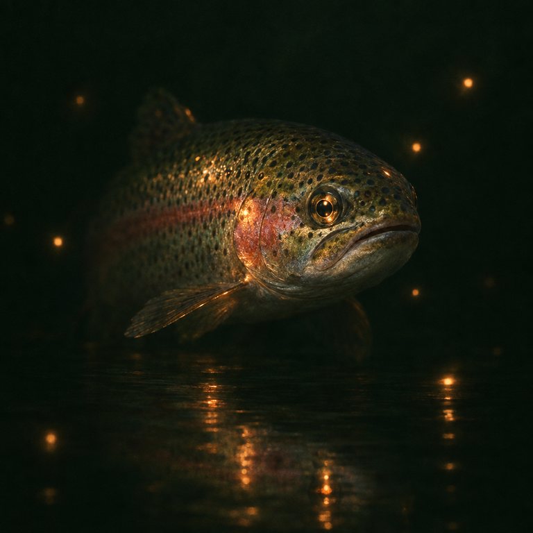 Eine Regenbogenforelle im dunklen Wasser, kleine warme Lichter spiegeln sich auf den Schuppen