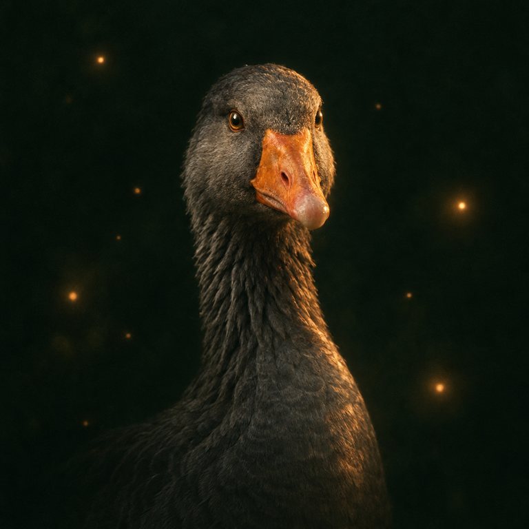 Eine Graugans mit orangefarbenem Schnabel sieht in die Kamera, um sie schweben kleine warme Lichter