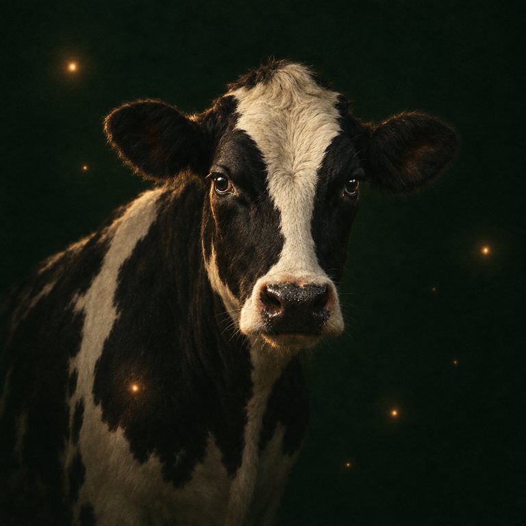 Eine junge schwarz-weiße Holstein-Kuh sieht in die Kamera, um sie schweben kleine warme Lichter
