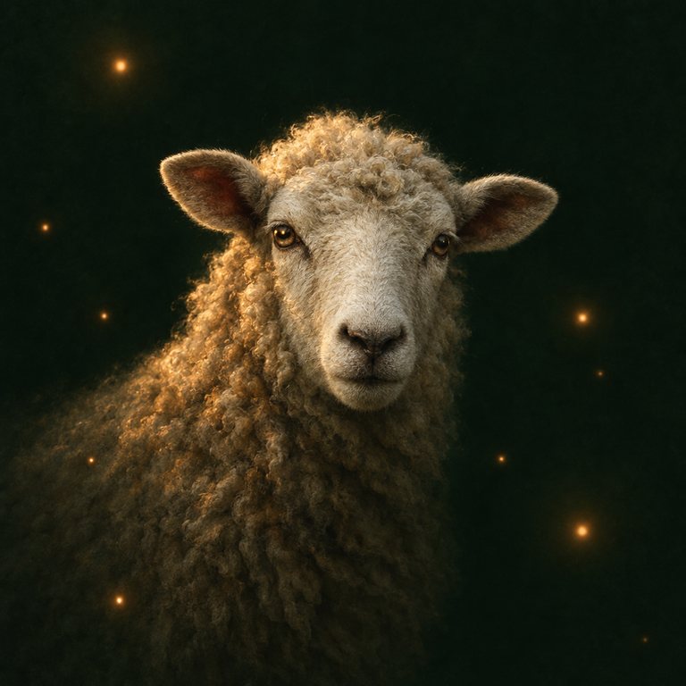 Ein weißes Schaf mit wolligem Gesicht sieht in die Kamera, um es schweben kleine warme Lichter