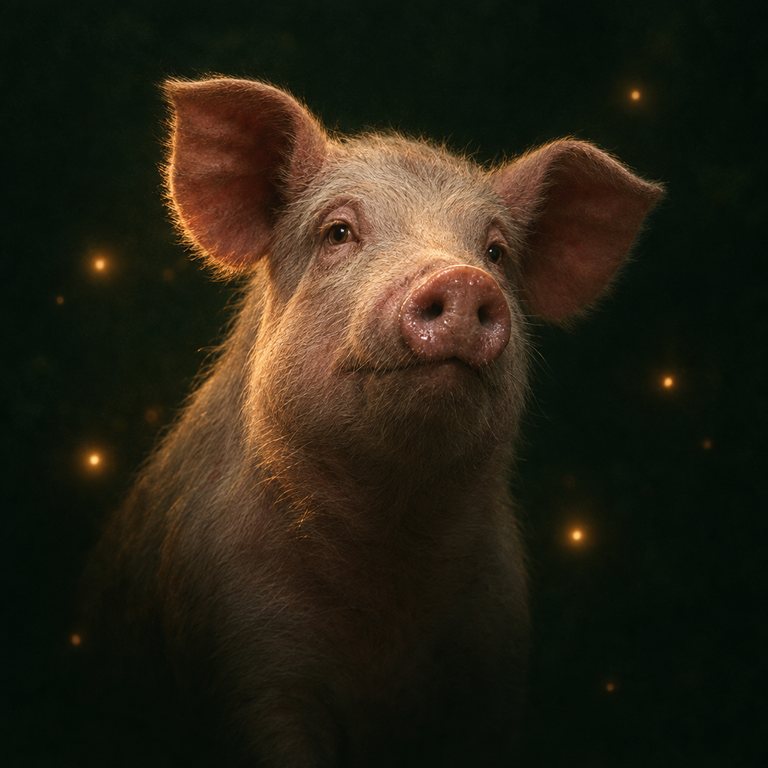 Ein junges rosa Schwein mit aufgestellten Ohren sieht in die Kamera, um es schweben kleine warme Lichter